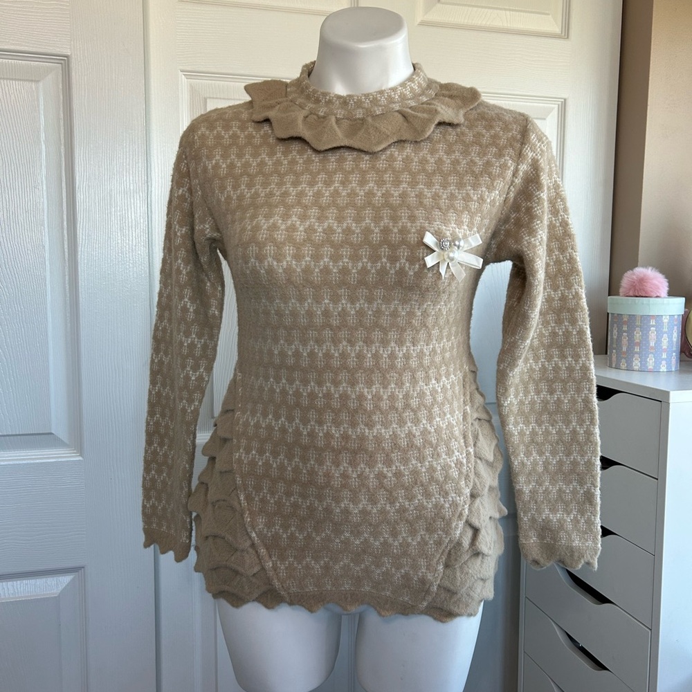 VeeTee Beige Textured Knit Sweater with Ruffle Details